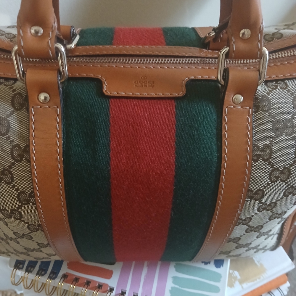 Gucci Tan and Green Satchel Bag